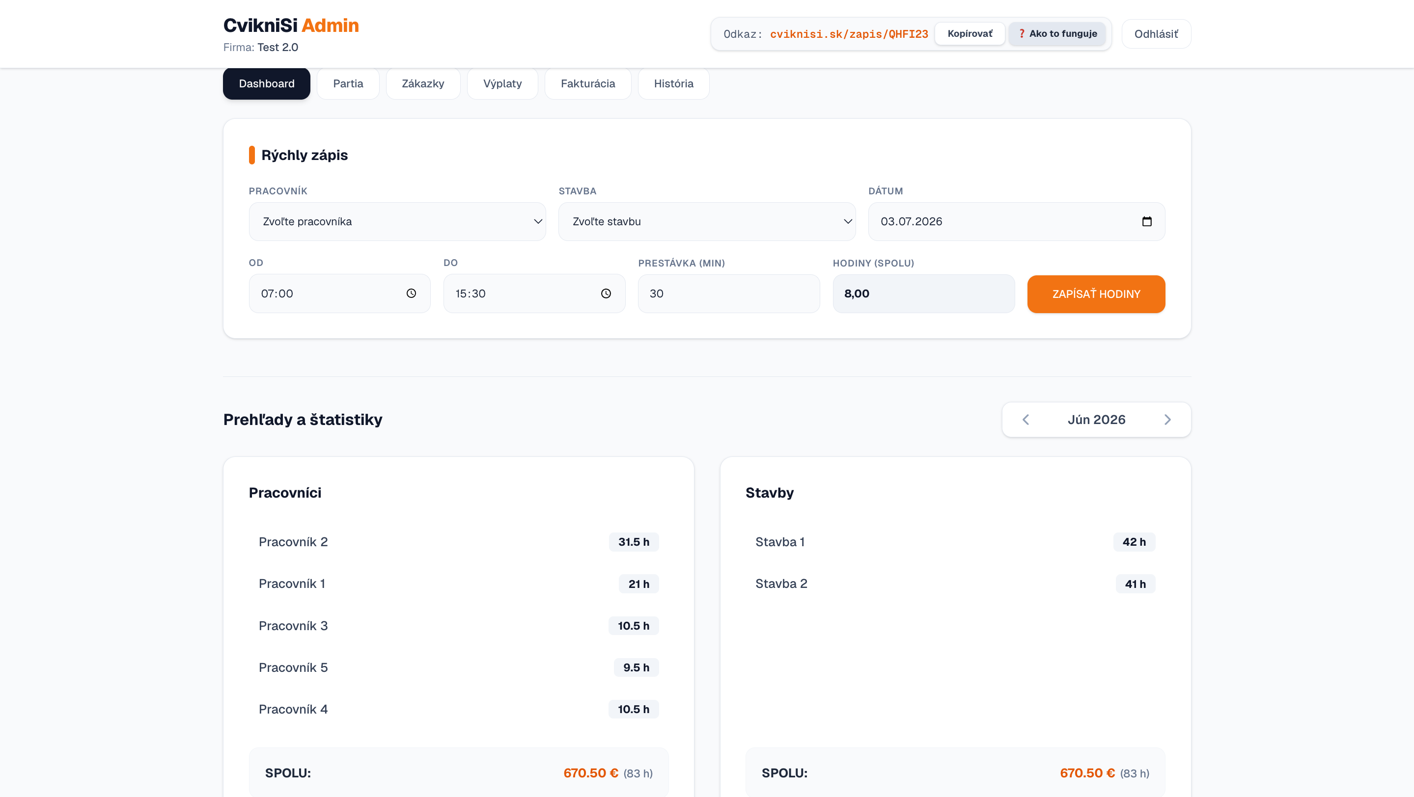 Ukážka admin panelu CvikniSi - Dashboard